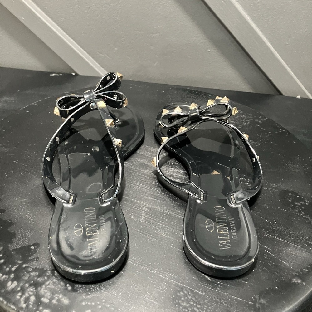 Valentino Garavani Rockstud Bow Black Jelly Thong Sandals Size EU 42 US 12 - Picture 4 of 16